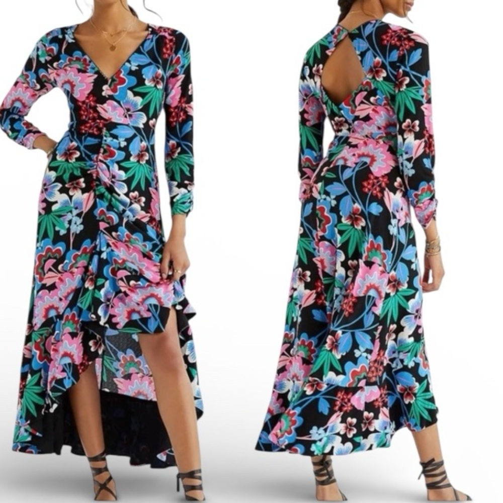 Anthropologie Maeve Ruched Floral Maxi Dress Womenโs 14P Black